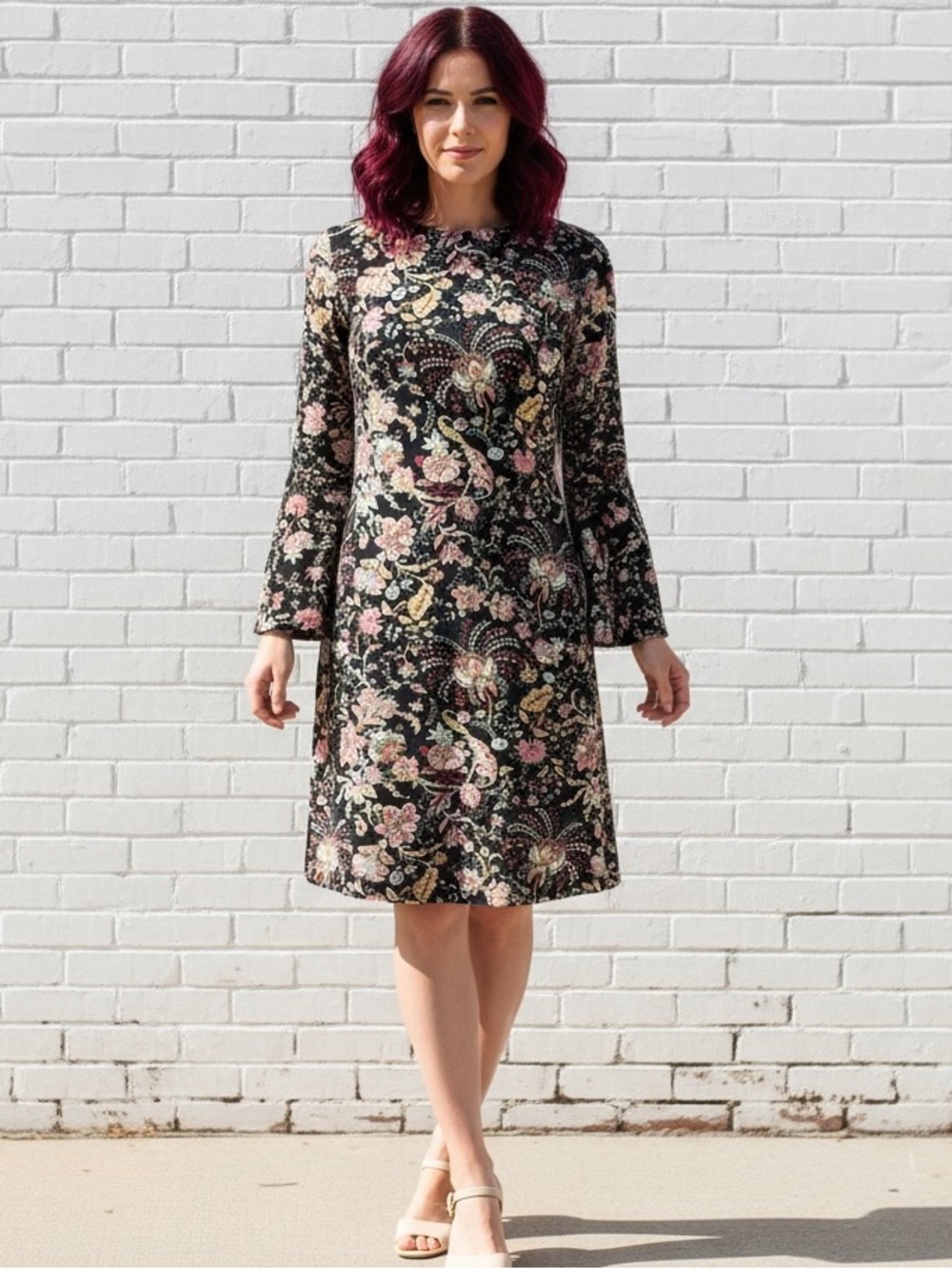 H&M Floral Black Dress with Bell Sleeves Sz 10